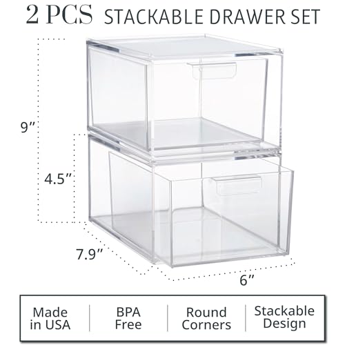 4.5 Inch Tall Clear Plastic Drawer Organizer Set for Cosmetics & Beauty Supplies | 2 Pack