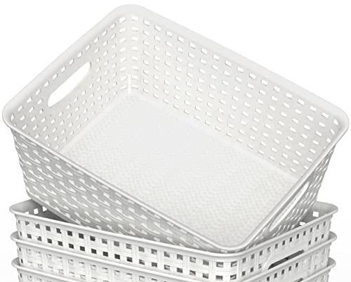Woven Plastic Storage Baskets 6-Pack White Weave Bins Organizer 10x7.5 Inch