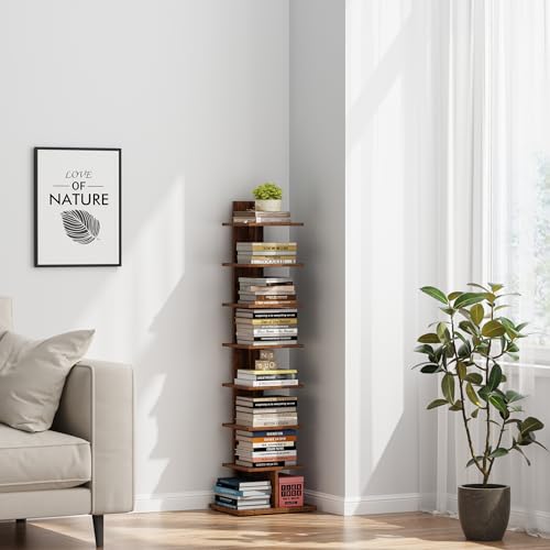 8-Tier Vertical Spine Bookshelf for Small Spaces, Narrow Corner Book Tower