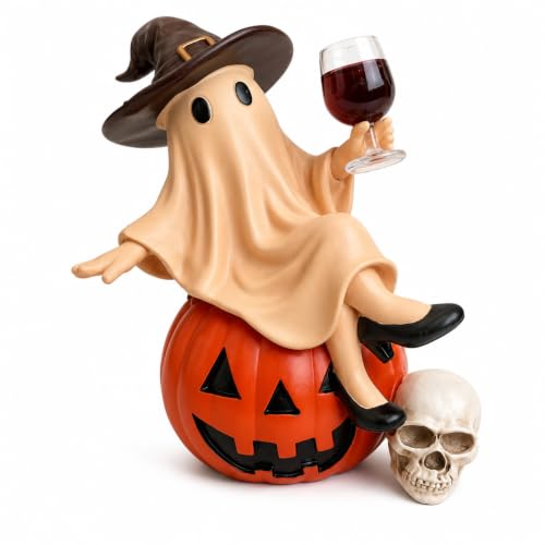 Resin Halloween Ghost Figurine with Witch Hat, Pumpkin & Wine Glass Decor