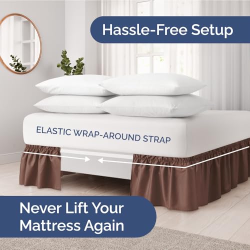 Twin Size Wrap Around Bed Skirt and 2 Pillowcase Set, 15-Inch Drop, Brown