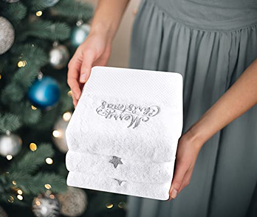 Quera 2 Pack White Christmas Tree Embroidered Hand Towels - Holiday Cotton Decor