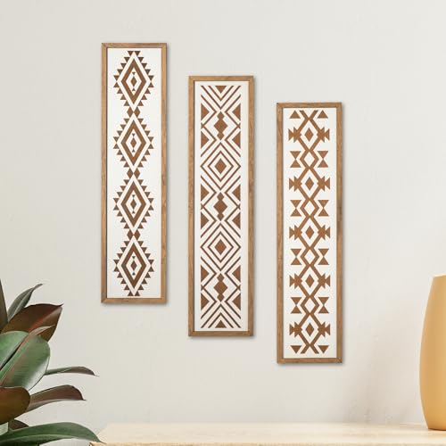 Set of 3 Aztec Wood Wall Art Panels – Geometric Boho Hanging Decor