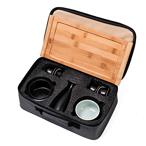 Dltsli Ceramic Sake Set with Warmer and Serving Tray - Japanese Sake Cup & Bottle