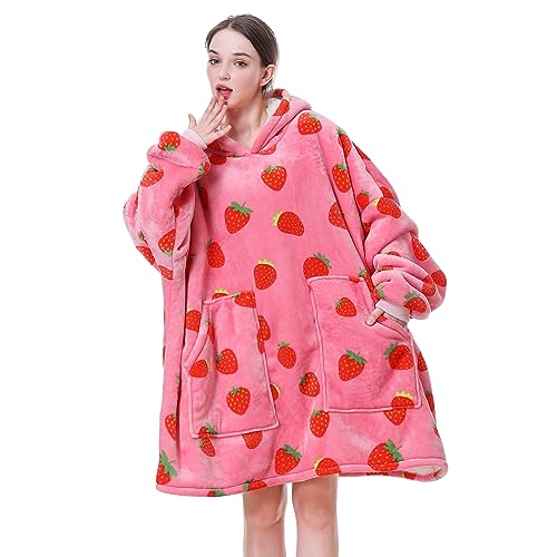 Oversized Strawberry Wearable Blanket Hoodie with Pockets and Sherpa Lining