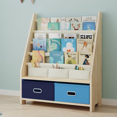4-Tier Kids Bookshelf and Toy Organizer with Storage Bins, Solid Pine Wood