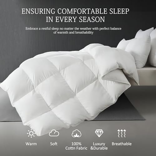All-Season Goose Feather & Down Comforter - 100% Cotton King Duvet Insert