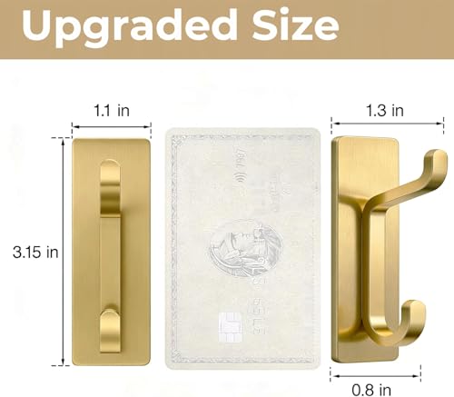 Brushed Gold Self-Adhesive Wall Hooks - Heavy Duty 12lb Towel & Coat Hooks