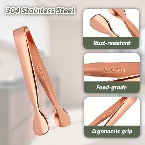 SmileCat Rose Gold Mini Ice Tongs Set - 10 Food-Grade Stainless Steel Serving Utensils for Appetizers & Desserts