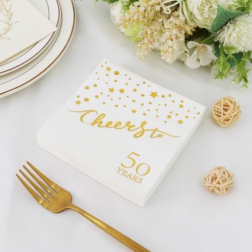Vuzvuv 52 Pcs 50th Birthday Cocktail Napkins - Confetti White with Gold Dots, 3-Ply, 5" Folded, Cheers to 50 Years Party Supplies