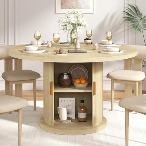 47-Inch Round Dining Table with Storage, Farmhouse Fluted Kitchen Table