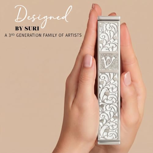 6-Inch Silver and White Mezuzah Case with Scroll and Adhesive Mount