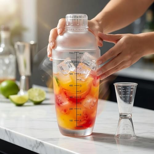 Homestia 2Pcs Plastic Cocktail Shaker & Jigger Set (700cc/24oz) - Includes 1 Shaker + 1 Double-Sided Measuring Jigger