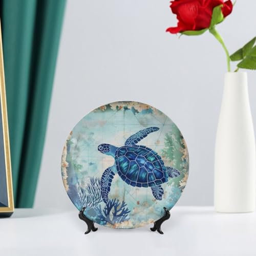 10-Inch Nautical Decorative Ceramic Plate with Display Stand, Turtle Pattern