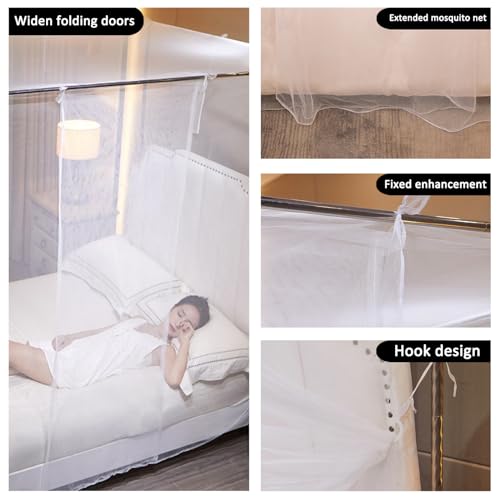 Queen Size White Bed Canopy Mosquito Net - One Side Opening Mesh Curtain