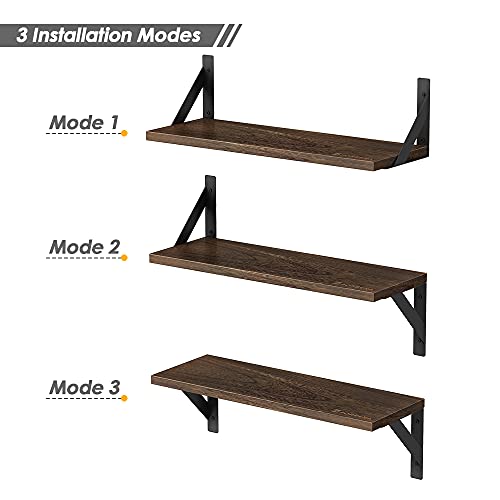 Rustic Floating Wall Shelves - 17 Inch Wood Bookshelf Set of 3