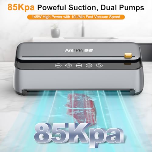 Newise 85KPa Vacuum Sealer for Food - Silver, 5 Modes, Built-in Cutter