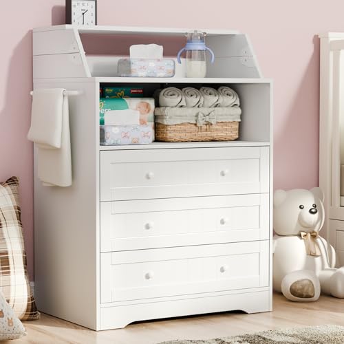 Foldable Baby Changing Table with 3 Drawers and Open Storage, White
