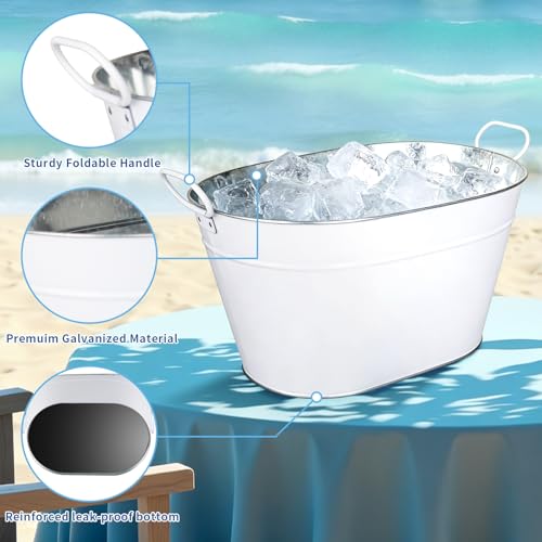 White Galvanized Beverage Tub 3 Gallon Ice Bucket with Handles for Drinks & Parties - SENCOS