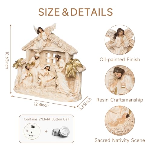12.5-Inch Lighted Nativity Set - Resin Manger Scene for Christmas Decor