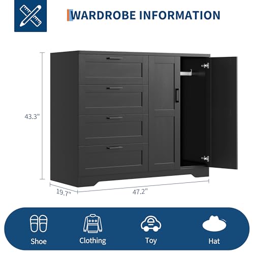 43-Inch Wardrobe Closet with 4 Drawers and Hanging Rod, Black