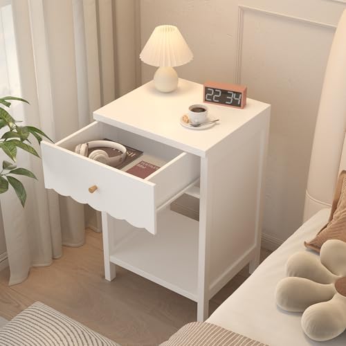 Modern Scalloped Nightstand with Drawer and Open Shelf, White Side Table