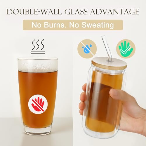 16oz Double Wall Glass Tumbler with Bamboo Lid and Straw - Insulated Cup