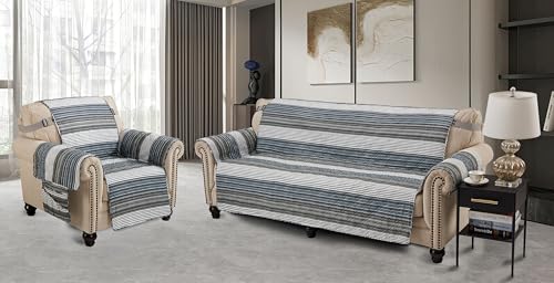 Quilted Multi Grey Stripes Loveseat Cover - 54" Washable Protector