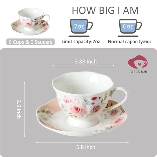 Pink Rose Floral Porcelain Tea Cup & Saucer Set of 6 - 6oz, Elegant Dinnerware
