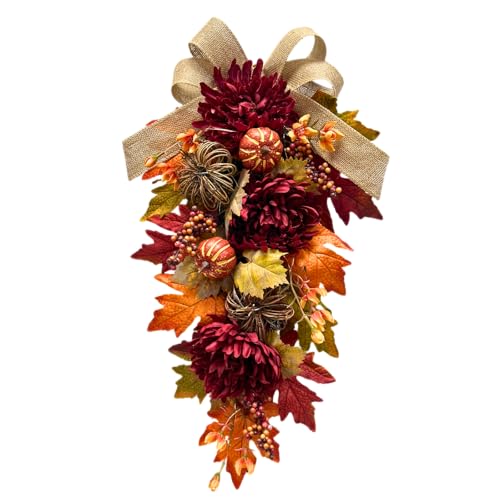 24-Inch Lighted Fall Teardrop Swag with Timer, Pumpkins and Burlap Bow