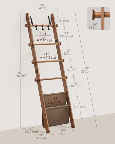 5-Tier Wooden Blanket Ladder with Hooks and Leather Storage Bag