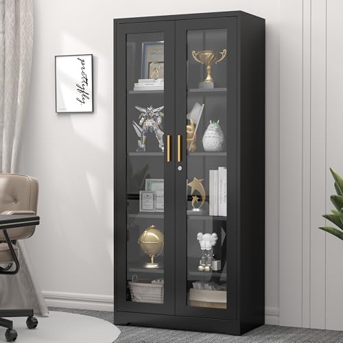 Black 71-Inch Glass Display Cabinet with Lock - SteeLoong Curio Cabinet