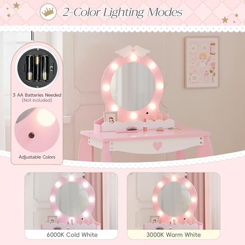 Kids Vanity Set with Lighted Mirror and Stool - Pink Princess Makeup Desk