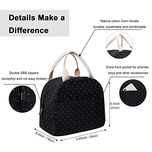 Compact Insulated Polka Dot Lunch Tote Bag - Reusable Canvas Lunch Box