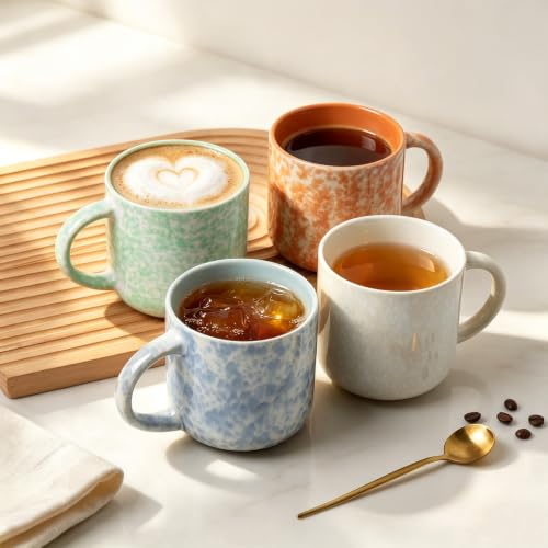 MONITO Colorful 12oz Ceramic Coffee Mug Set of 4 - Unique Glazed Handle Cups