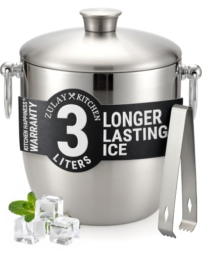 Zulay Kitchen 3L Double-Wall Insulated Stainless Steel Ice Bucket with Tongs