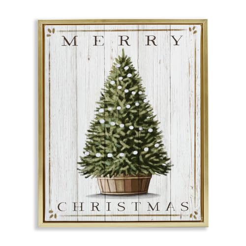 Merry Christmas Country Tree Canvas Wall Art with Gold Floater Frame - 17x21 Inches, V3 Variant