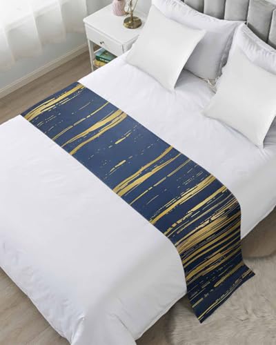 Navy Blue & Gold Line Satin Bed Runner - Modern Bed Scarf for Queen Bed