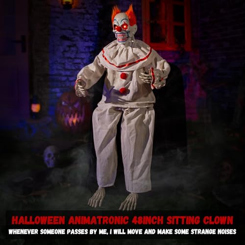 Animated Halloween Sitting Clown Animatronic Prop with Sound & Light-Up Eyes