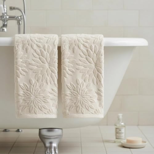 3D Dahlia Floral Jacquard Hand Towels, 100% Cotton Absorbent Set of 2