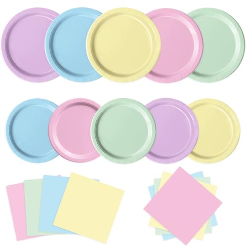 Oigco Pastel Paper Plates and Napkins Set - Rainbow Party Decorations, 60 pcs, Birthday Baby Shower Wedding