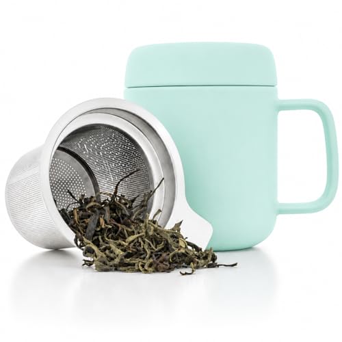 Tealyra Sumo Porcelain Loose Tea Mug with Infuser & Lid - Turquoise 15oz