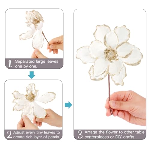 White 10Pcs Christmas Glitter Poinsettia & Velvet Magnolia Flower Ornaments - DIY Floral Picks