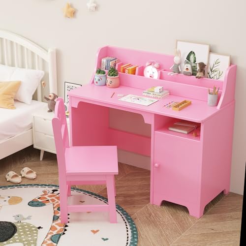 Kids Wooden Desk and Chair Set with Hutch Storage for Study Room