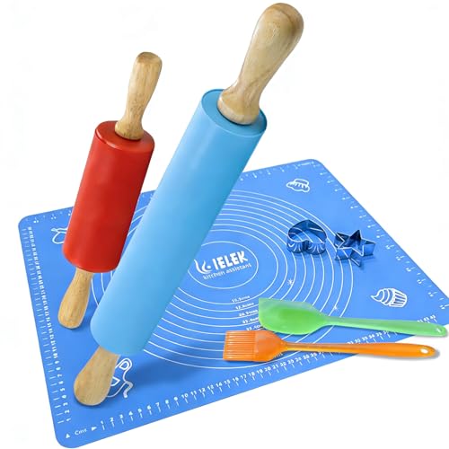 15 Inch Non-Stick Rolling Pin Set with Mat, Spatula & Brushes – Large & Small Dough Rollers with 2 Stainless Steel Cookie Cutters (IELEK)