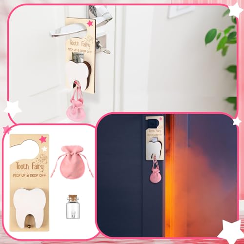 Wooden Tooth Fairy Door Hanger Kit with Keepsake Pouch and Bottle