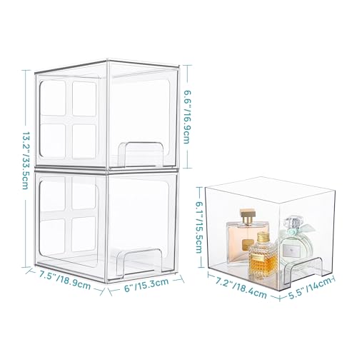 Vtopmart 2 Pack Stackable Storage Drawers, 6.6''Tall Acrylic Bathroom Makeup Organizers,Clear Plastic Storage Bins For Vanity, Undersink, Kitchen Cabinet,Pantry Organization and Storage
