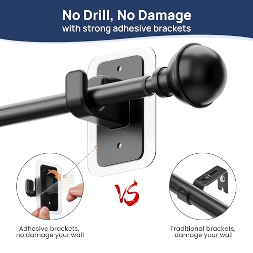 No Drill Adjustable Curtain Rod - Black Tool-Free Adhesive Window Rod