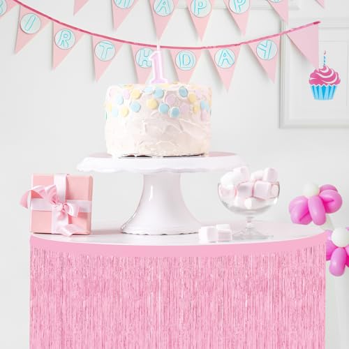 2-Pack Pink Foil Fringe Tinsel Table Skirt for Party Decorations 29.5x108in