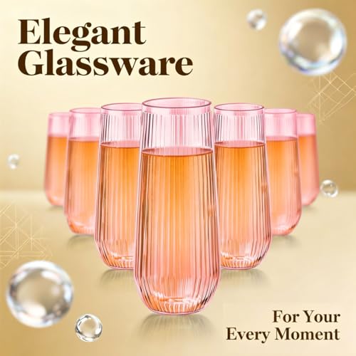 48 Pack Pink Ribbed Plastic Champagne Flutes - Stemless Disposable 9 Oz Shatterproof Recyclable BPA-Free for Weddings & Parties